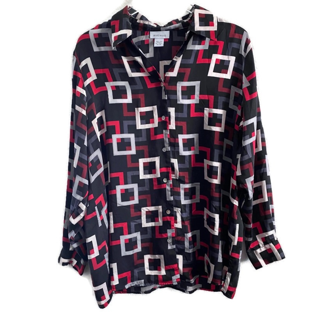 Avenue Long Sleeve Square Pattern Silk Blouse